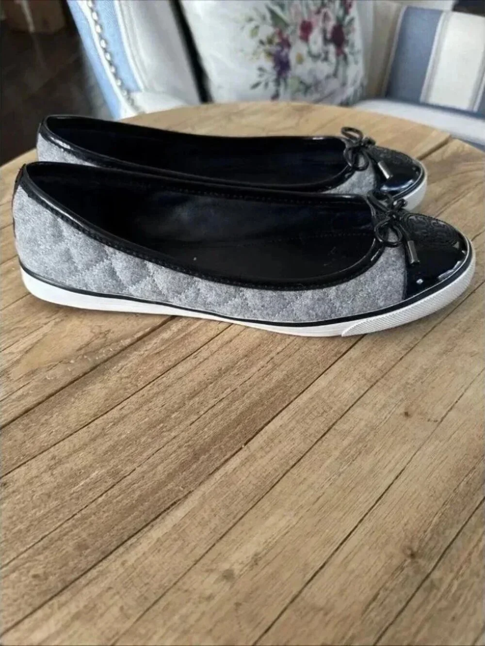 Tory Burch Skyler Grey Quilted Wool Patent Leather Toe Ballet Flats Size 6.5